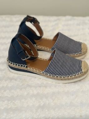 a.n.a Navy Blue Striped Espadrille Wedge Sandals